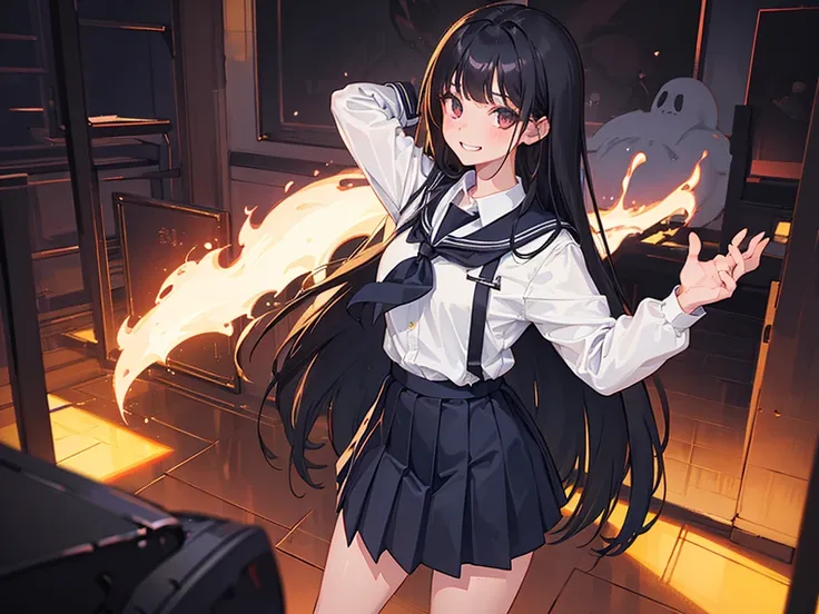 1girl, Standing upright in a classroom in a dark atmosphere at night, (schoolgirl uniform), long black hair,long pleated skirt, spooky smile,spooky light, ((wide shot)), (looking at viewer), 18 years old, ((from front shot))