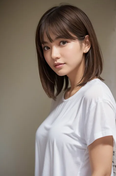 japanese modest female,light brown hair,dirty white t-shirt,,large tareme,curvy short hair,portrait