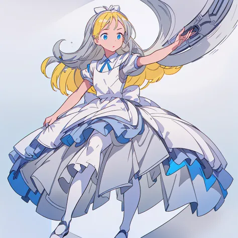 1girl、(((Highest quality、Masterpiece、Official Art、The best dynamic composition、Super detailed)))、【Highest quality, Tabletop】 [(One girl:1.5), Expressionless, (Blonde:1.5), Long Hair,Blue clothes, (blue eyes:1.3), White legwear, apron, Hairband ribbon, Slen...