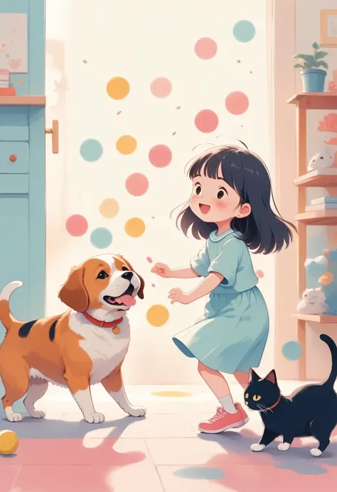 score_9, score_8_up, score_7_up, score_6_up, score_5_up, score_4_up, dog, cat and girl playing together, cute picture book-like ...