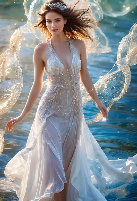 beautfull woman, dynamic pose, smooth movement, (water, white dress with water pearls, stream of water, controlling water:1.2), ...