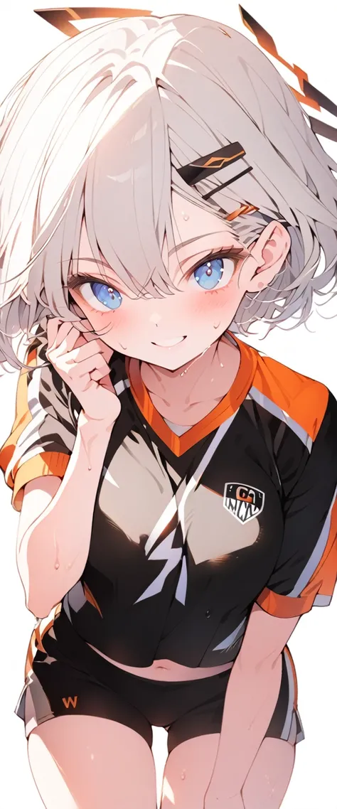  beautiful, masterpiece, Highest quality, anime, One girl, C Cup,Portrait Shot, View your viewers, Covered、Short Hair、nearby、Blue Eyes、art、、White hair,Blue streaked hair、hairpin、Cute smile、Thighs、Cute、Sweat、Volleyball uniform、Shorts、navel、gym、Valley Attack