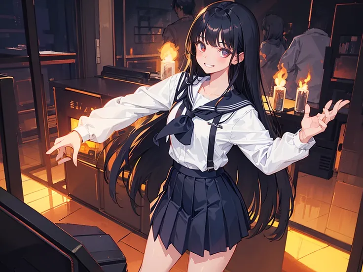 1girl, Standing upright in a classroom in a dark atmosphere at night, (schoolgirl uniform), long black hair, pleated skirt, spooky smile,spooky light, ((wide shot)), (looking at viewer), 18 years old, ((from front shot))