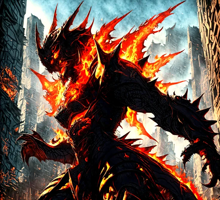 demonic looking demonic looking demon in a city with fire, deathwing, guildwar artwork, alduin, roshan, by arthur pan, colossal ...