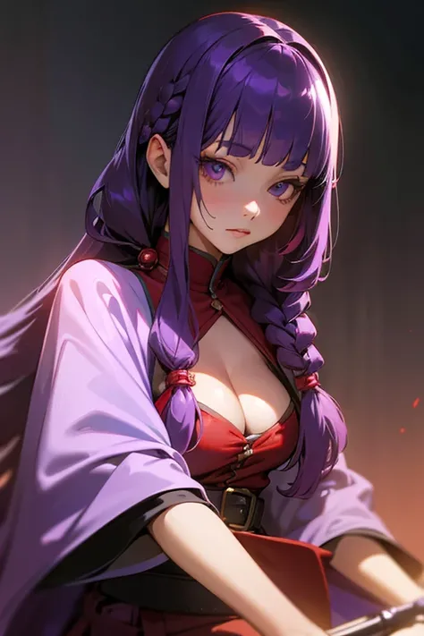 1 Girl, Blunt bangs, Braiding, Wide sleeves, hair ornaments, Red Belt, (Purple Hair:1.2), Very long hair, Straight hair, Looking at the audience, Highly detailed background, (Realistic:1.2), Beautiful Eyes, Red eyeshadow, Written boundary depth，thigh, (Urz...