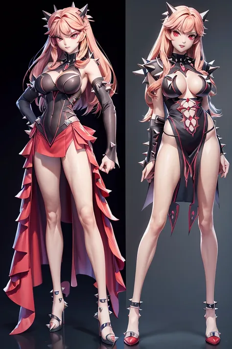 Scarlet Castlevania, (Scarlet Castlevania), tenebrosa, standing alone, ray tracing, 3D style, 3dmm, ((3 poses per photo)), ((3 poses in each photo)), fully body,(from front view),(Rear view), (view on the left), blackstockings, Tear at the waist,(((3 poses...