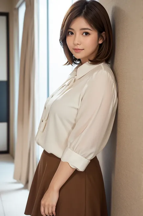 japanese modest female,light brown hair,white scallop blouse,large tareme,curvy short hair,