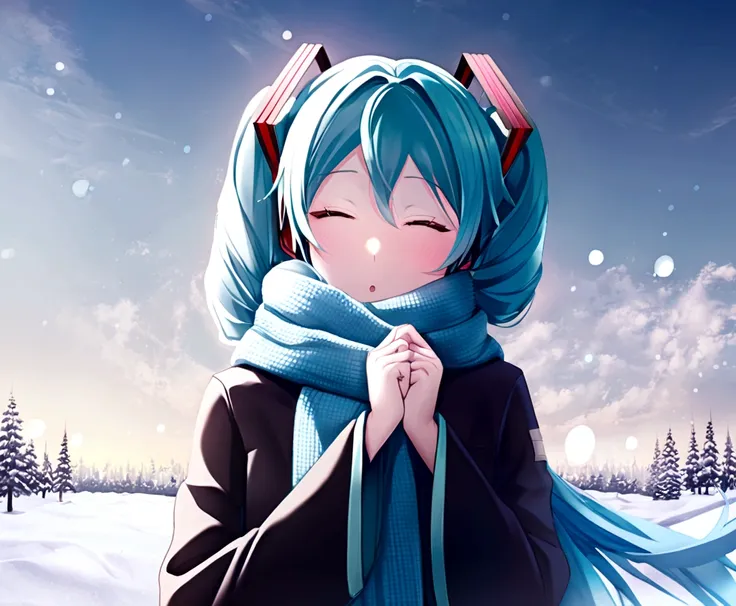 hatsune miku、mature、winter clothes、scarf、white sky、it&#39;s snowing a little