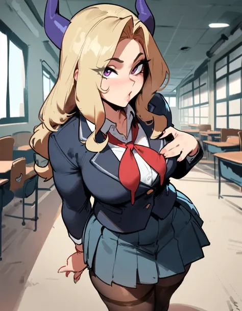 1girl, mount lady, boku no hero academia  masterpiece, best quality, very aesthetic, absurdres, newest  sportive body,    by dodok, nyantcha, cutesexyrobutts, by khyle ///// blonde, purple eyes,  (school uniform:1.2), skirt, at school, 24 years old, stocki...