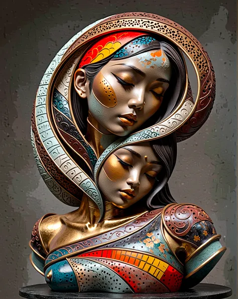 3D sculpture,young asian woman(Thai)half body,abstract art,greatly exaggerated