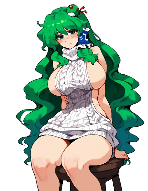 Expressive, score_9, score_8_up, score_9_up, Touhou, masterpiece, high quality, highly detailed, 1girl, kochiya sanae, solo, green hair, long hair, green eyes, long hair, big breasts, blush, round breasts,,,,,, frog hair ornament, hair tubes, snake hair or...