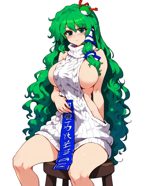 Expressive, score_9, score_8_up, score_9_up, Touhou, masterpiece, high quality, highly detailed, 1girl, kochiya sanae, solo, green hair, long hair, green eyes, long hair, big breasts, blush, round breasts,,,,,, frog hair ornament, hair tubes, snake hair or...