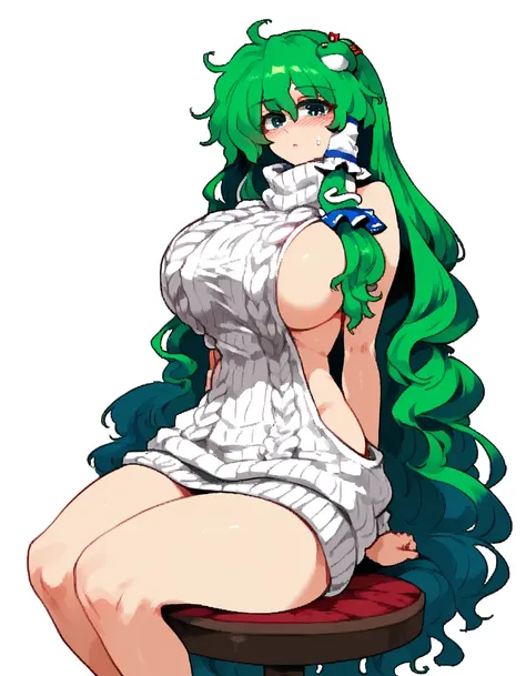 Expressive, score_9, score_8_up, score_9_up, Touhou, masterpiece, high quality, highly detailed, 1girl, kochiya sanae, solo, green hair, long hair, green eyes, long hair, big breasts, blush, round breasts,,,,,, frog hair ornament, hair tubes, snake hair or...