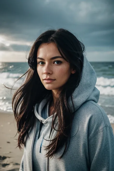 Nordic women,A strong wind is blowing,Beach Long Hair,Cool look,38 years old,Gaze to the left,film shooting,Cloudy,Clothes are hoodies,Black Hair,A few freckles,snow,Flying Hair,Big messy hair,Surrealism,depth of field,Cold wind,Hair in face,lens flare, f/...