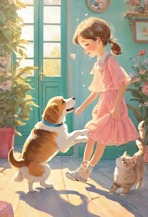 best quality, super fine, 16k, incredibly absurdres, extremely detailed, 2.5D, delicate and dynamic depiction, dog, cat and girl playing together, cute picture book-like illustration style, pastel and vivid color effect