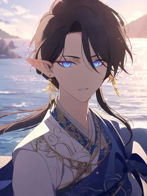 1man, royal, elven, black hair, short messy hairstyle, glowing blue eyes, sea, elegant, traditional thai costume,