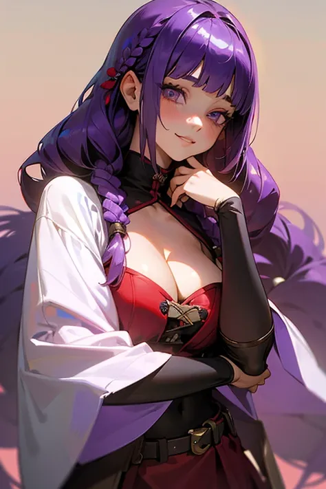 1 Girl, Blunt bangs, Braiding, Wide sleeves, hair ornaments, Red Belt, (Purple Hair:1.2), Very long hair, Straight hair, Looking at the audience, Highly detailed background, (Realistic:1.2), Beautiful Eyes, Red eyeshadow, Written boundary depth，thigh, (Urz...