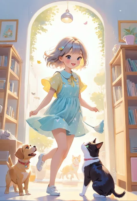 best quality, super fine, 16k, incredibly absurdres, extremely detailed, 2.5D, delicate and dynamic depiction, dog, cat and girl playing together, cute picture book-like illustration style, pastel and vivid color effect