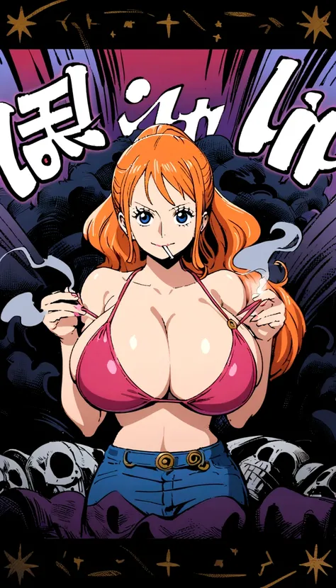 a cartoon picture of a woman in a bikini top and jeans, nami one piece, nami from one piece, nami, beautiful portrait of nami, from one piece, oppai, blue eyes, smoking, ponytail