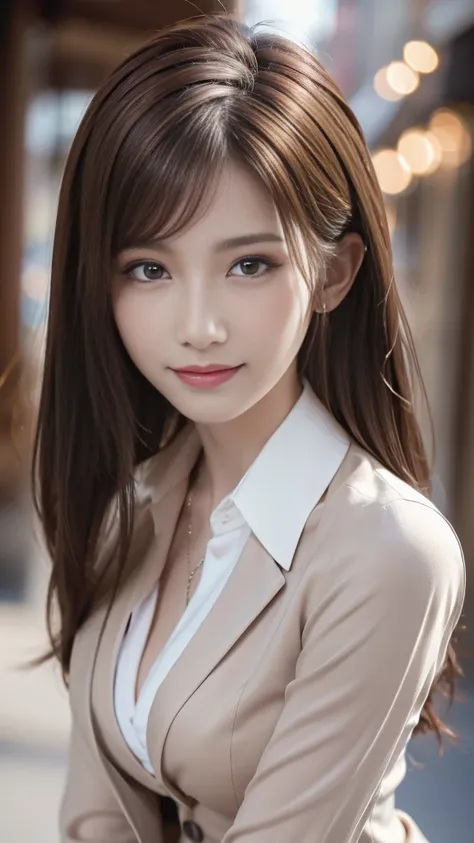 Tabletop, Highest quality, Realistic, Super detailed, In detail, High resolution, 8k wallpaper, One beautiful woman,, Light brown messy hair, Wearing a business suit, Sharp focus, Perfect dynamic composition, Beautiful attention to detail, Fine hair, Detai...