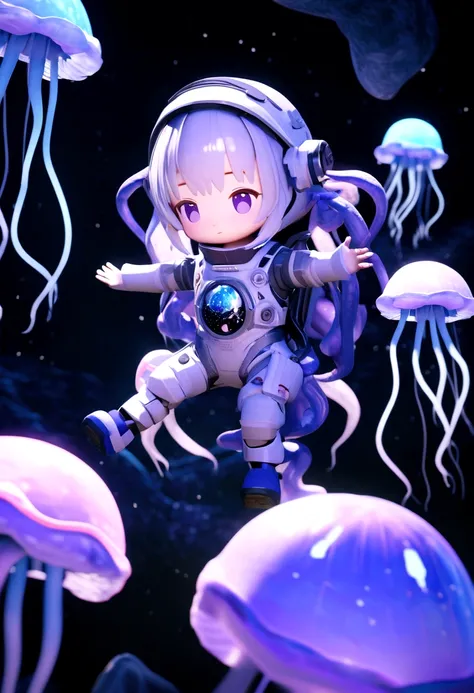 An astronaut surrounded by blue and purple jellyfish,in space,с луной и плаNoами на заднем плане,No_People,tentacles,Full of dreams,3d,A high resolution,high quality,Awesome work,masterful work,Science fiction,star,миNo_Sewing_doll,