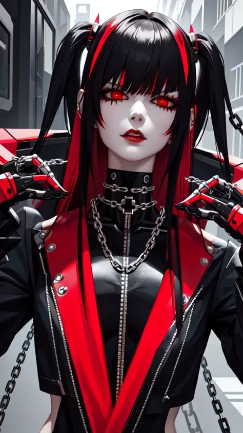 cyber punk woman, with chain jewelry, black and red hair