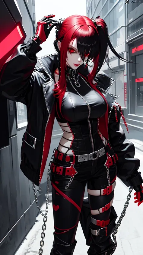 cyber punk woman, with chain jewelry, black and red hair