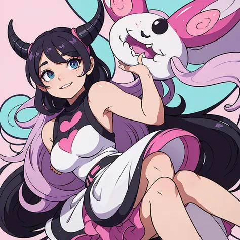 A cute demon girl in a modern contemporary art style, enjoying pop culture with her adorable demon companions. The scene is vibrant and colorful, with the demon girl depicted using softer color contrasts and smooth gradients to define her features. She has...