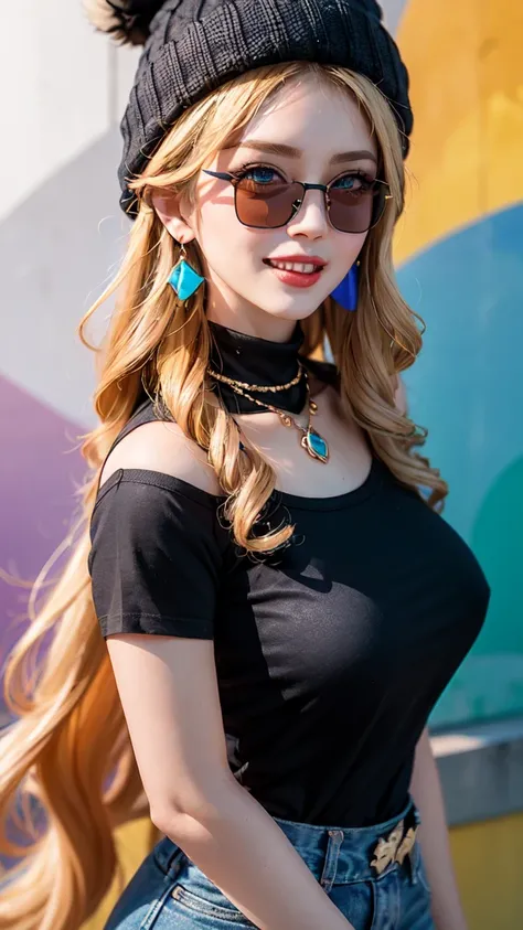 1 Girl，Sexy Mature，Long blonde hair，very long, Long Hair，blue eyes，Highly detailed face，Fine grain，Wearing a colorful brimless beanie hat，Big Breasts，Stylishly dressed，Black T-shirt，Statement Earrings、jewelry，Wear sunglasses，Full of smiles，Upper Body Shot，...