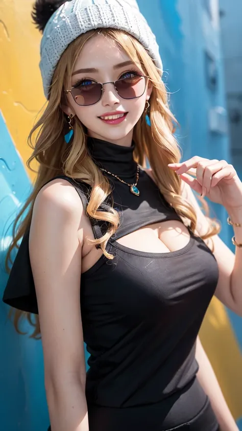 1 Girl，Sexy Mature，Long blonde hair，very long, Long Hair，blue eyes，Highly detailed face，Fine grain，Wearing a colorful brimless beanie hat，Big Breasts，Stylishly dressed，Black T-shirt，Statement Earrings、jewelry，Wear sunglasses，Full of smiles，Upper Body Shot，...