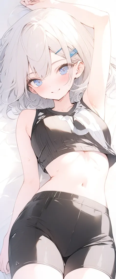  beautiful, masterpiece, Highest quality, anime, One girl, C Cup,Portrait Shot, View your viewers, Covered、Short Hair、nearby、Blue Eyes、art、、White hair,Blue streaked hair、hairpin、Cute smile、Thighs、Cute、Sweat、leather_Volleyball uniform、leather_Shorts、navel、g...