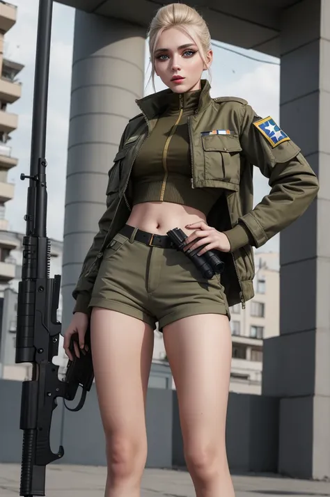 a beautiful girl, 25 years old, Ukrainian, modern make-up and hairstyle, a khaki top, a military jacket with a flag of Ukraine, short khaki color shorts, slender legs, holding a gun