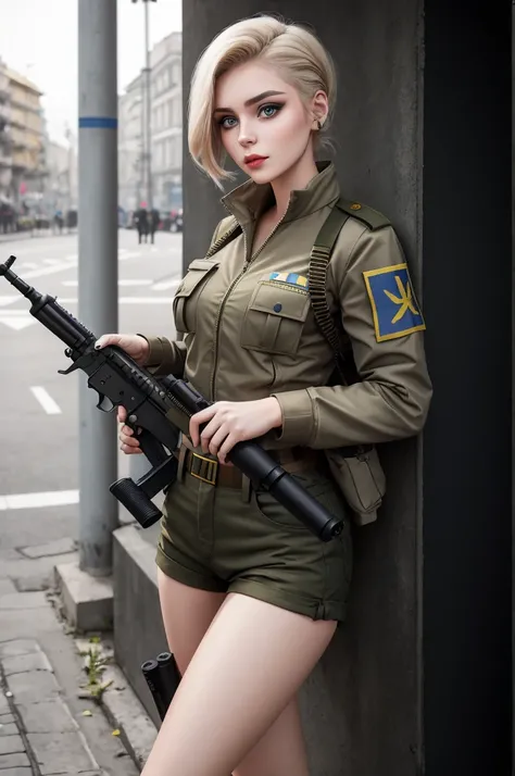 a beautiful girl, 25 years old, Ukrainian, modern make-up and hairstyle, a khaki top, a military jacket with a flag of Ukraine, short khaki color shorts, slender legs, holding a gun