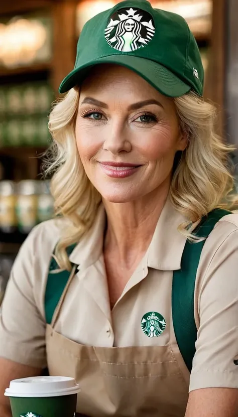 a beautiful picture of brieXL,blonde,mature woman,detailed skin texture,masterpiece, photorealistic, light, RAW color photo,(fully in frame:1.1), (blush:0.5), (goosebumps:0.5),  (smiling:0.5),wearing a starbucks uniform,green cap,detailed face,indoors,   