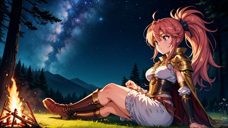 A human female adventurer camping outdoors in a fantasy game world, illustrated in a Japanese anime style. She is sitting on a log near a campfire, with her long, flowing hair tied back in a ponytail. She is dressed in detailed medieval-style adventurer cl...