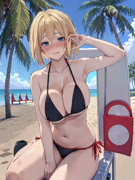 (This is a close-up shot of a young anime girl in a bikini on the beach:1.4),(solo:1.4),(1girl:1.4),(short blonde hair:1.3),(green eyes:1.2),(red underwear top:1.3),(black underwear bottom:1.2),(navel:1.1),(sitting on the beach:1.3),(palm trees in the back...