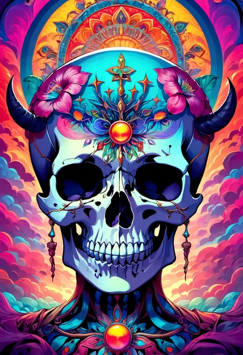 um close up de um skull com uma flor na cabeça, fantasy skull, scary detailed art in color, scary color art in 4 k, skull sagrado, evoking psychedelic background, detailed digital art, skull, skull sagrados, psychedelic illustration, skull de açúcar, skull...