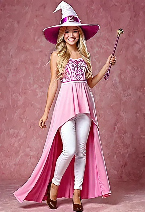 ((Masterpiece)), ((highly detailed)), a , solo, happy face, light pink dress, white stretch pants, west,  pink wizard hat, blonde hair, brown shoes, beautiful blonde girl, long hair, highly detailed dress, dark pink west, 