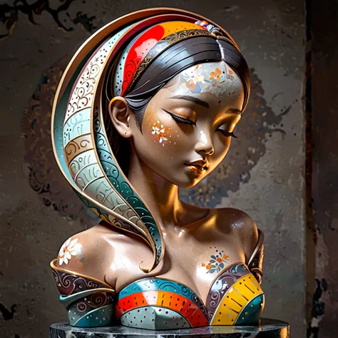 3d sculpture,young asian woman(thai)half body,abstract art,greatly exaggerated