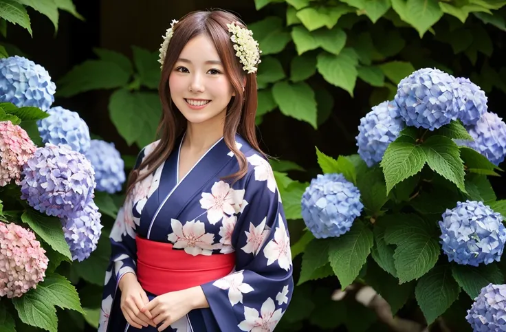 Generate a beautiful woman with chestnut hair wearing a yukata. The background features hydrangea flowers. Focus on the upper body with a smiling expression.
