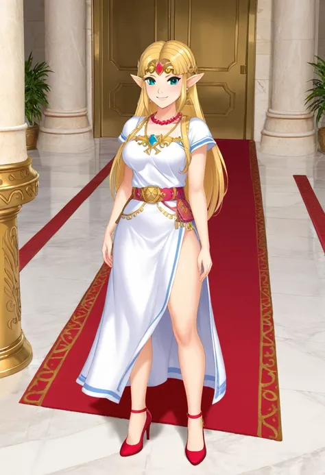 princess zelda, in a gorgeous castle, standing gracefully, ((red carpet on the floor)), soft smile