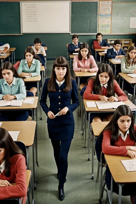 Woman in the sixties in a university environment, classroom surrounded only by men, classmates, that is hyperrealistic and that it is a 16 photo.9