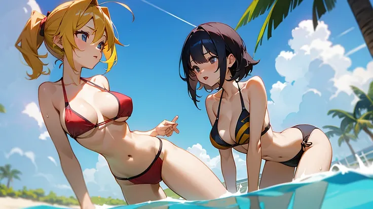 fine、tomboy、bikini、Swimwear、2 girls、Flirting、Big Breasts