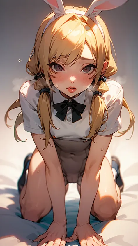 nsfw,(Petite),(boy),blonde low twintails,lips,Bunny girl,(Penis in crotch),On all fours,Front pose,Sweat,White Breath,Viewers from the front