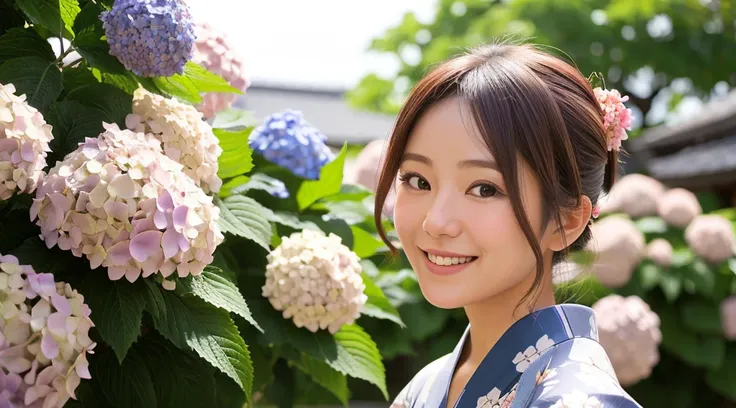 Generate a beautiful woman with chestnut hair wearing a yukata. The background features hydrangea flowers. Focus on the upper body with a smiling expression.
