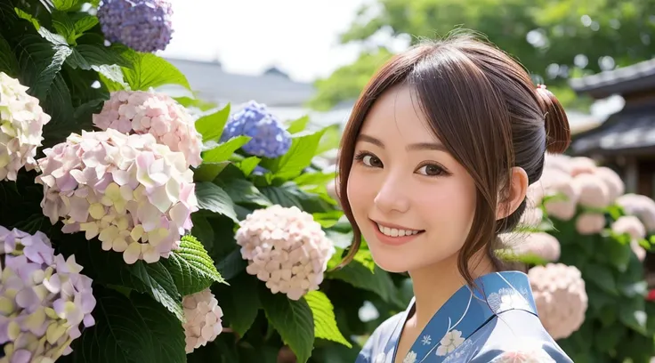 Generate a beautiful woman with chestnut hair wearing a yukata. The background features hydrangea flowers. Focus on the upper body with a smiling expression.
