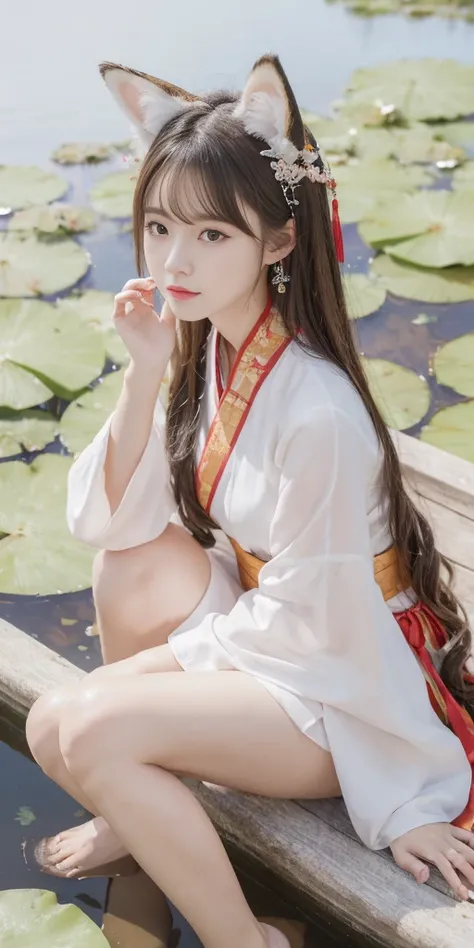 absurdres, highres, ultra detailed, (1girl:1.3), hand drawn, simple line, 16yo girl in colorful Chinese Hanfu, sexy girl with fox ears, at the lotus pond, masterpiece, sitting in water, floating clothes, floating hair