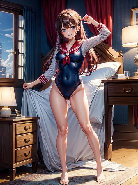 Highest quality,Highest Resolution,Sailor Leotard,High leg,smile,Bedroom,Red tie,