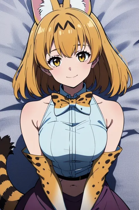 SERVAL, ANIMAL EARS, SHORT HAIR, SERVAL PRINT, TAIL, GLOVES, SHIRT, BOW, BOWTIE, ELBOW GLOVES, PRINT BOW, PRINT BOWTIE, SLEEVELESS, SKIRT, WHITE SHIRT, SLEEVELESS SHIRT, BARE SHOULDERS, 1girl, solo, facing viewer, looking at viewer, upper body, smile, nude...