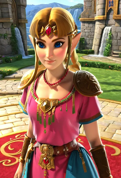 princess zelda, in a gorgeous castle, standing gracefully, ((red carpet on the floor)), soft smile